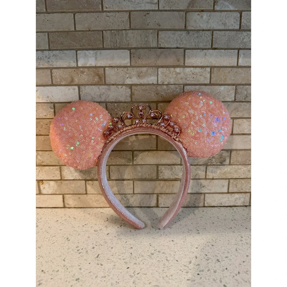 Disney Parks Minnie Mouse Headband Tiara Sequins Peach Pink OSFM